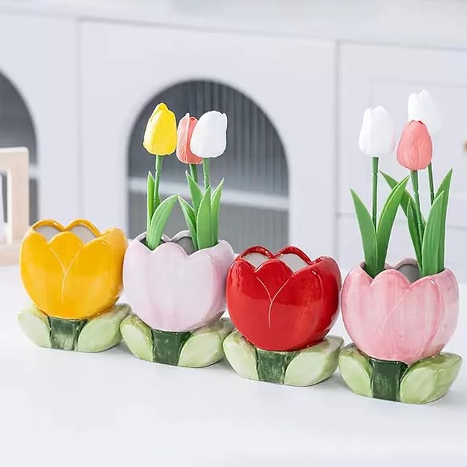 Ceramic Tulip Cosmetic Storage Box, Desktop Organizers Make Up Brush Storage Stand Desktop Storage Box for Brush,Pencil,Art Supplies, Painting Brush (Yellow)