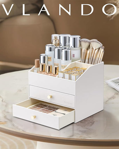 VLANDO Makeup Organizer for Vanity,Large Capacity Countertop Organizer with Drawers, PU Leather Cosmetic Display Case for Lipstick,Brushes,Skincare,Nail polish and Bedroom Storage (White)