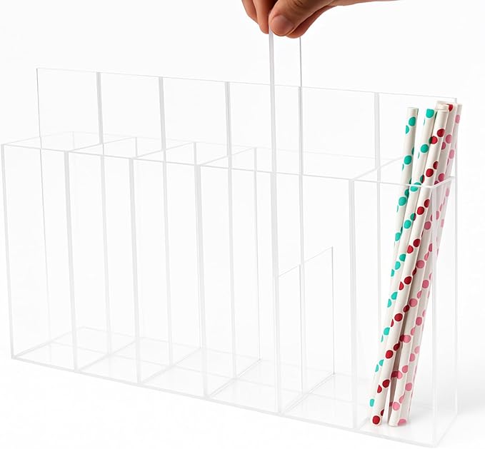 Honeydak Magnetic Acrylic Straw Holder for Cabinet Door with Adhesive Tapes and 5 Removable Partitions, Reusable Straw Organizer Storage Space-saving for Cabinet Door Fridge Kitchen(Clear,12 Inch)