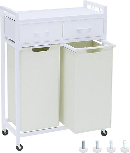 Timberer Laundry Hamper, Laundry Sorter 2 Section, Rolling Laundry Basket with Wheels, 2 Drawers, 2 × 14.5 Gal (55 L), Pull-Out and Removable Oxford Fabric Bags, White and Beige