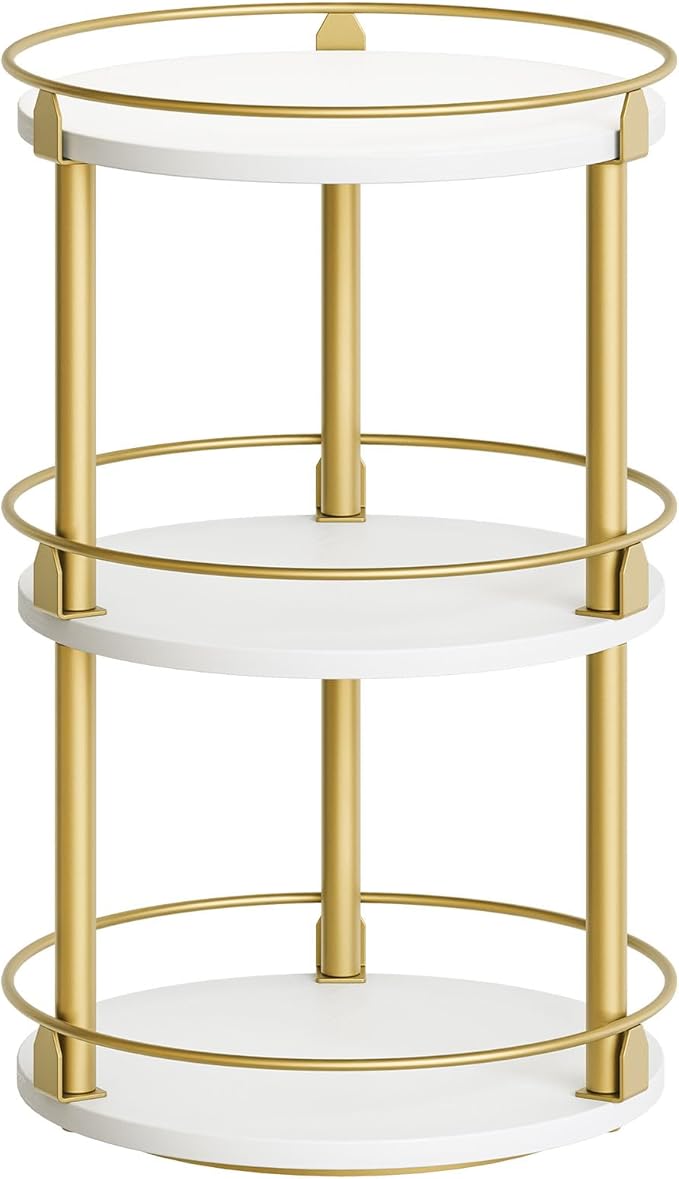 Yatiney 3-Tier Lazy Susan, Rotating Spice Rack, Spinning Organizer, Industrial Turntable Spice Rack for Cabinet, Kitchen Countertop, Pantry, White and Gold SR23DW