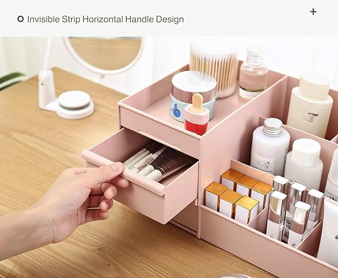 Makeup Organizer for Vanity— Bathroom Countertop Cosmetics Organizer with Drawers for Lipstick, Brushes, Lotions, Eyeshadow, Nail Polish and Jewelry (Pink)