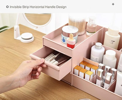 Makeup Organizer for Vanity— Bathroom Countertop Cosmetics Organizer with Drawers for Lipstick, Brushes, Lotions, Eyeshadow, Nail Polish and Jewelry (Pink)