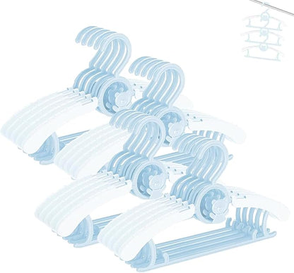 HGYZE Kids Hangers 11"-14" Adjustable Plastic Baby Boy Hangers 20 Pack, Toddler Bear Hanger for Children's Clothes Sweaters, Infant Hangar for Closet with Non-Slip Shoulder Grooves & Pants Bar, Blue