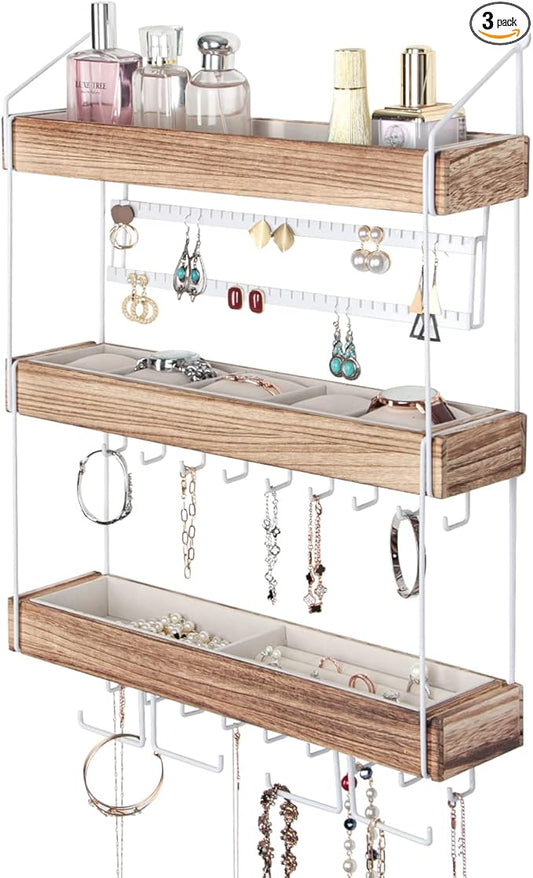 J JACKCUBE DESIGN Wall Mounted 3 Tier Wooden Jewelry Organizer Rack with Accessories Storage Shelf and 18 Metal Earring, Necklace Hooks- MK907A