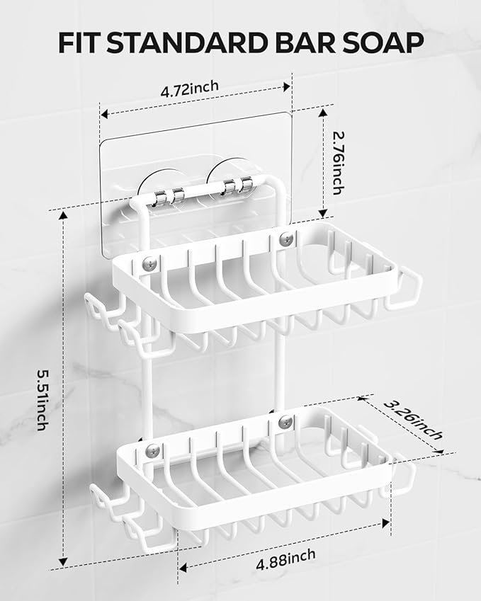Nieifi Adhesive 2 Tier Bar Soap Holder, Stainless Steel for Shower Wall, Soap Dish for Bathroom, White