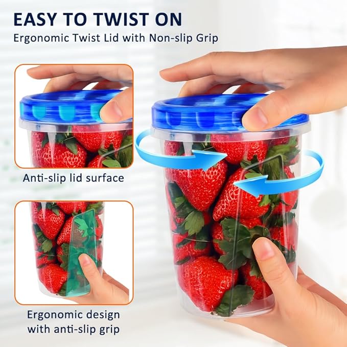 10 Pack 34oz Reusable Freezer Food Storage Containers with Twist Top Lids, Airtight Plastic Meal Prep Food Containers for Leftover Lunch Fruit Salad Oats, Clear Large Soup Container Microwave Safe