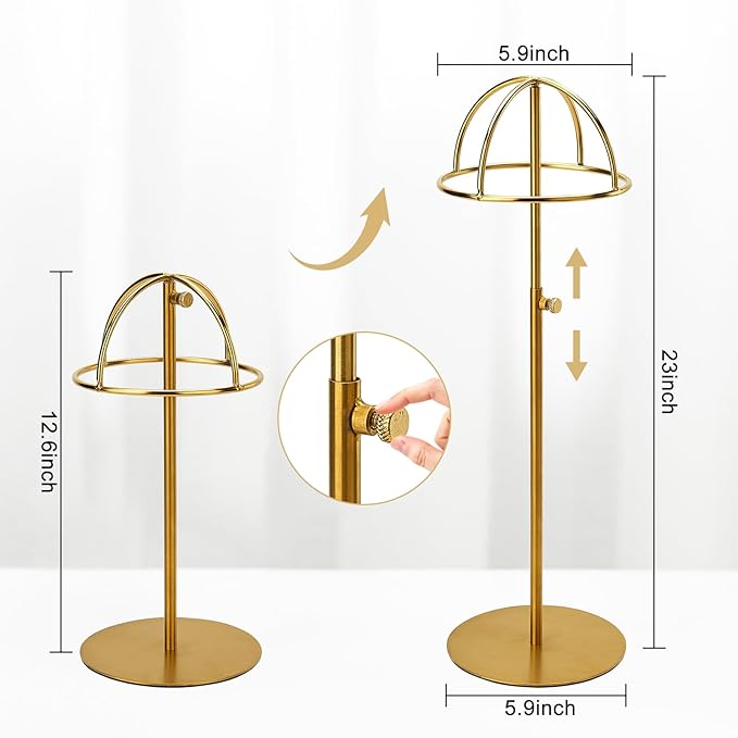 Hat Display Stand Titanium Gold Hat Stand, Set of 2, Height Adjustable Cap Rack Display, Fingerprint Resistant Durable Stainless Steel Tabletop Cowboy Hat Holder Stands for Vendors Closet (RCS 50% Recycled Post-consumer Metal)