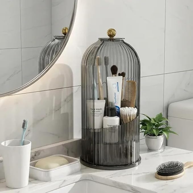 Makeup Brush Holder with Lid 360° Rotating 3-Compartment Makeup Organizers for Vanity, Waterproof & Dustproof Cosmetic Storage Box for Dressing Table (Transparent Black)