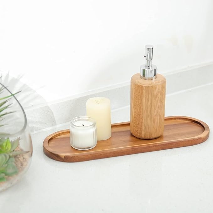 Set of 2 Plates Bathroom Vanity Wood Trays for Home Decor - for Counter Wood Small Decorative Tray, Kitchen Soap Tray,Comestic Holder Bathtub Organizer (14 x 4.5 inches)