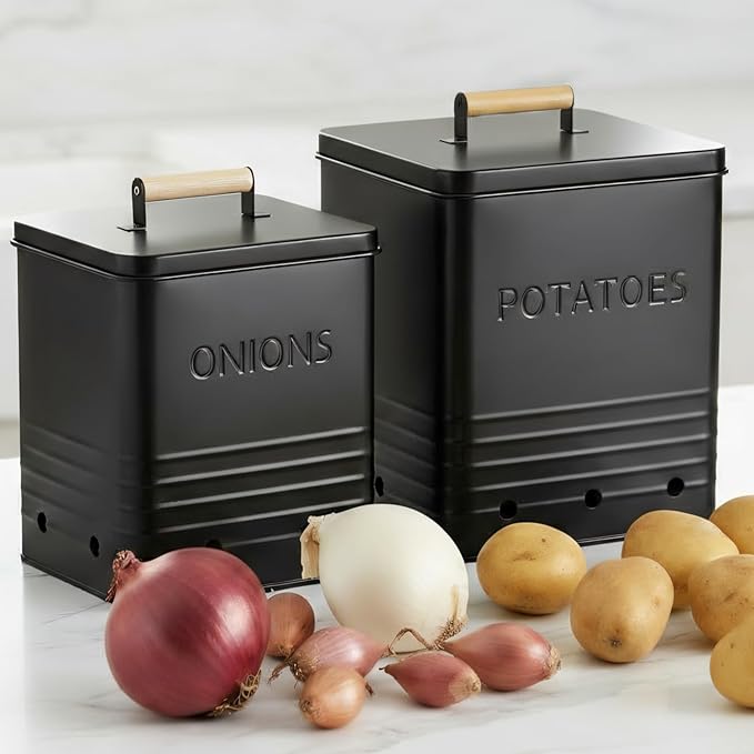 ZICOTO Beautiful Potato and Onion Storage Container Set, 10.1" & 8.9" - Perfectly Sized Spacious Canisters For Your Kitchen Counter Or Pantry - Food Safe Metal Bins Keep Produce Fresh Longer