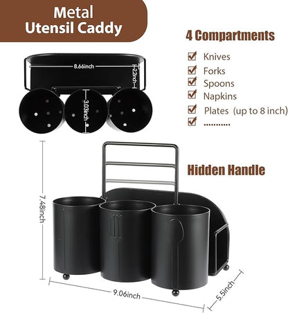 NelyBet Utensil Caddy Silverware Holder Fork Spoon Napkin Paper Plate Organizer Metal Utensil Holder Cutlery Flatware Organizers for Party Kitchen Countertop Camping Picnic - Black