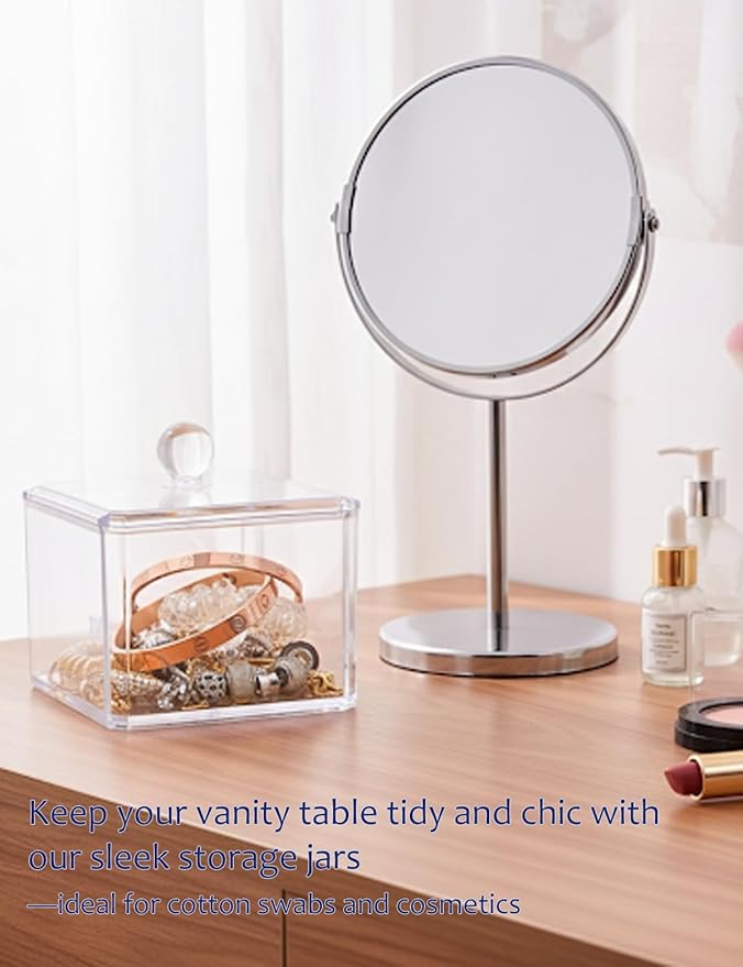 Cotton Swab Holder with Clear Plastic Lid, Single Layer Cotton Bud Dispenser, Premium Plastic Organizer for Guest Bathroom Vanity, Floss Pick & Hair Tie Storage Container
