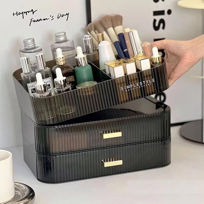 Makeup Organizer with Stackable Drawers, Bathroom Vanity Organizers and Storage, Ideal for Desk and Dresser Countertops, Great for Cosmetics, skincare, Lipsticks, Nail Care -Black