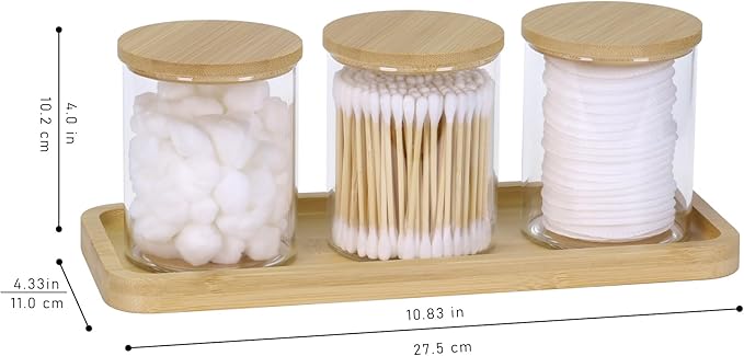 INIUNIK Qtip Holder with Vanity Tray, 3 Pack Glass Apothecary Jars with Lids, Bathroom Accessories Canisters Organizers Jars Containers for Cotton Ball Round Swab Pad Hair Ties Floss Perfume Jewelry