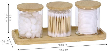 INIUNIK Qtip Holder with Vanity Tray, 3 Pack Glass Apothecary Jars with Lids, Bathroom Accessories Canisters Organizers Jars Containers for Cotton Ball Round Swab Pad Hair Ties Floss Perfume Jewelry