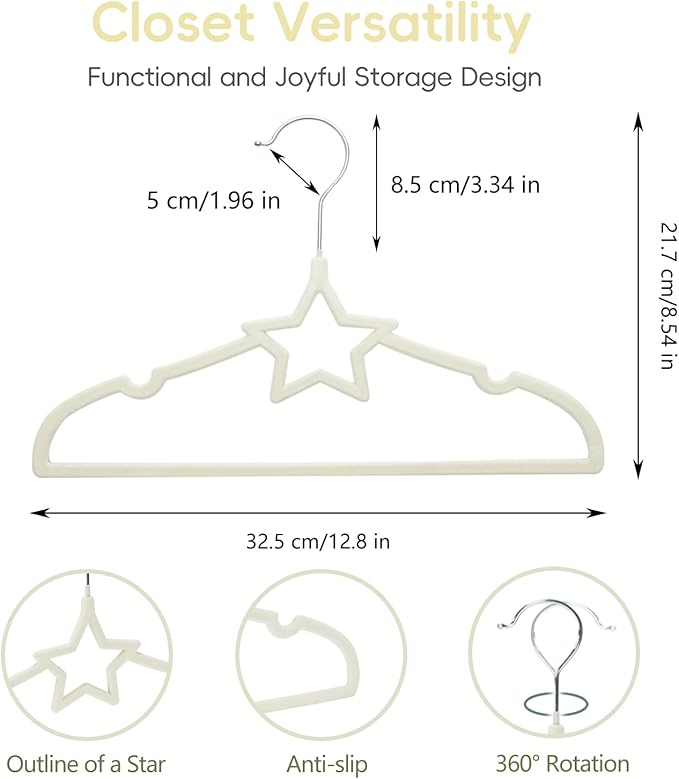 GoodtoU 50 Pack Velvet Baby Hangers, 12.8 Inch Non-Slip Toddler Clothes Hangers, for Infant Coats, Dresses & Pants, White - Star