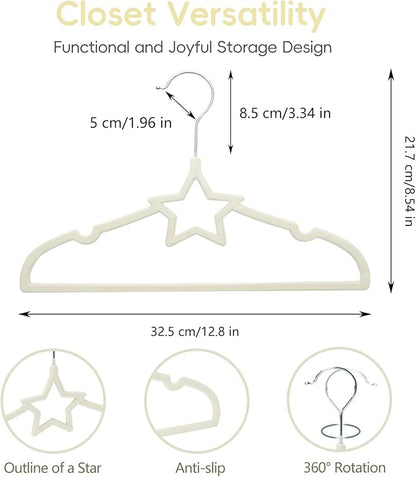 GoodtoU 50 Pack Velvet Baby Hangers, 12.8 Inch Non-Slip Toddler Clothes Hangers, for Infant Coats, Dresses & Pants, White - Star