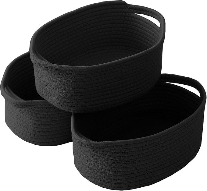 JMvicyroam Woven Basket,Small Rope Storage Bin with Handles & Ribbon Bag, Organizer for Shelves Closets,Gift Basket Empty for Birthday,Books,Dog Toys, Black/3 Pack