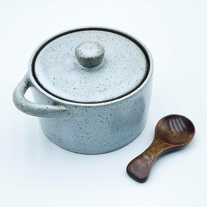 12 oz Ceramic Salt Cellar with Lid & Wooden Spoon,Countertop Salt Container,Sugar Bowl,Spices Jar| Artisan Kitchen Decor(Gray)