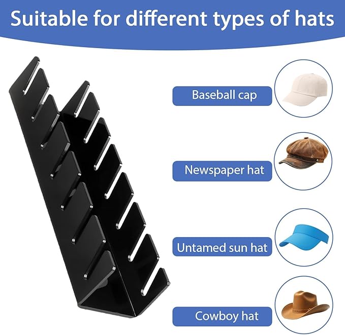 Hat Organizer for Baseball Caps 2Pcs No Install Acrylic Hat Racks for 14 Baseball Caps Storage Organizer for Closet, Bedroom, Dresser, Office Display Holder Durable