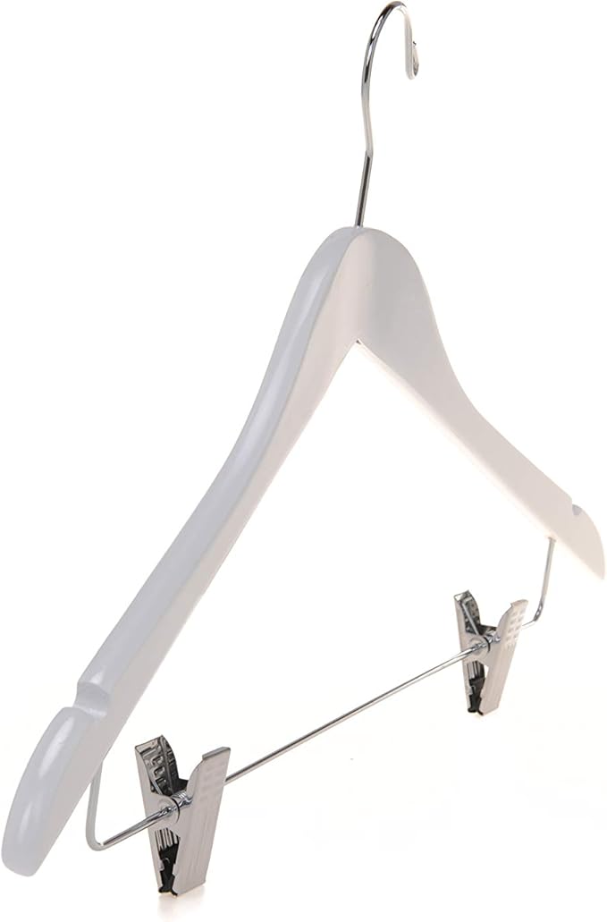 Quality Wooden Skirt Hangers with Clips, 10-Pack Smooth Solid Wood Pants Hangers with Durable Adjustable Metal Clips, Swivel Hook, Coat, Jacket, Blouse Suit Hangers (White, 10)