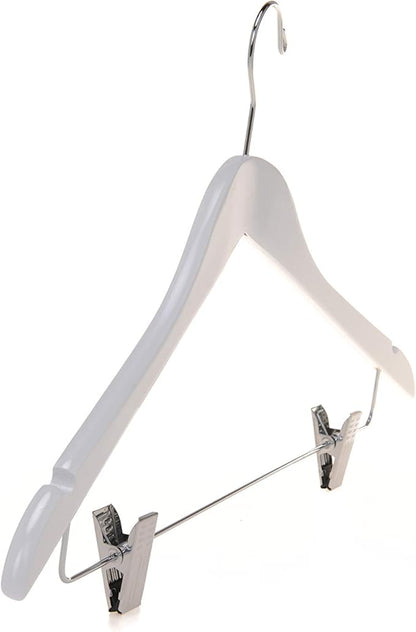 Quality Wooden Skirt Hangers with Clips, 10-Pack Smooth Solid Wood Pants Hangers with Durable Adjustable Metal Clips, Swivel Hook, Coat, Jacket, Blouse Suit Hangers (White, 10)