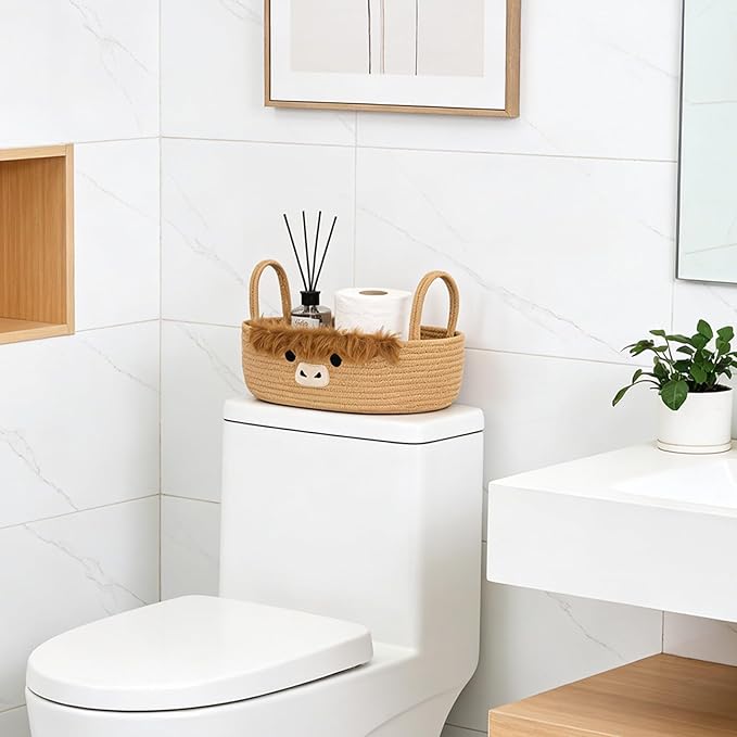 Toilet Highland Cute Cow Paper Basket–Oval Woven Bathroom Organizer Toilet Tank Storage Basket, Decorative Shelves Rope Cotton Bin with Handles, Wedding Empty Towel Paper Holder,13"D x 7.48"H