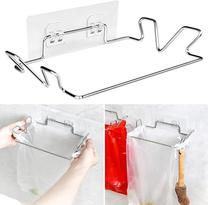 Cupboard Door Plastic Bag Holder with Metal Hanger for Over Door Use, Rubbish Bin Bag Holder Stainless Steel for Home Organization