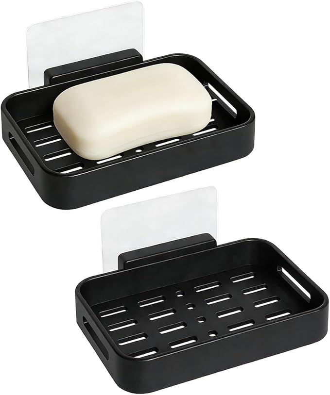 Shower Soap Dish Soap Bar Holder, 2 Pcs Soap Holder for Shower Wall, Plastic No Drill Adhesive Mount Removable Soap Saver Sponge Holder for Bathroom Kitchen Sink, Black