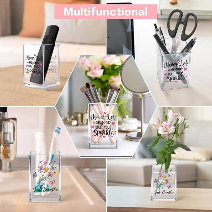 Girl Power 2 Pack Acrylic Cosmetic Pencil Pen Holder Cup, Hope Inspirational Makeup Brush Organizer Holder, Women Faith Gifts, Christian Encouragement Gifts for Women Mom Daughter Sister Teacher