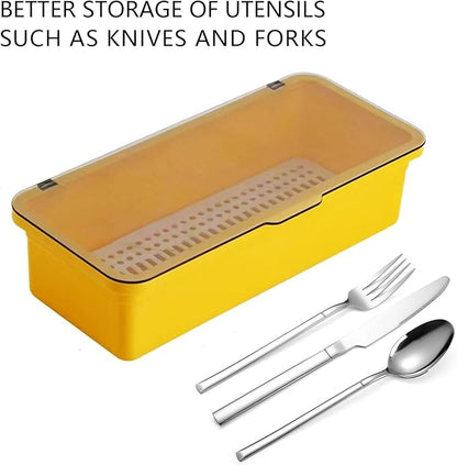 Flatware Tray with Lid and Drainer,Silverware Tray Kitchen Dinnerware Holder and Utensil Storage Container for Flatware and Silverware(Yellow)