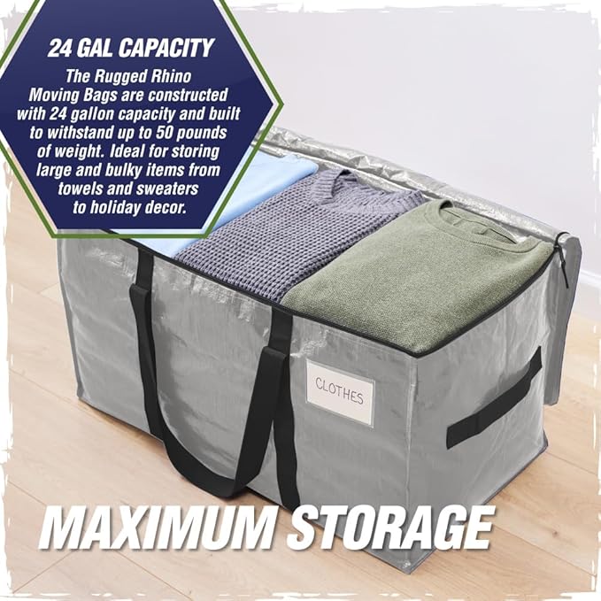 RUGGED RHINO Heavy Duty Extra Large Moving Bags, Durable Bag with Strong Handles and Zipper, Moving Boxes Alternative for College Packing, Holiday Décor, Space Saving Storage with Label, 2 Pack Silver