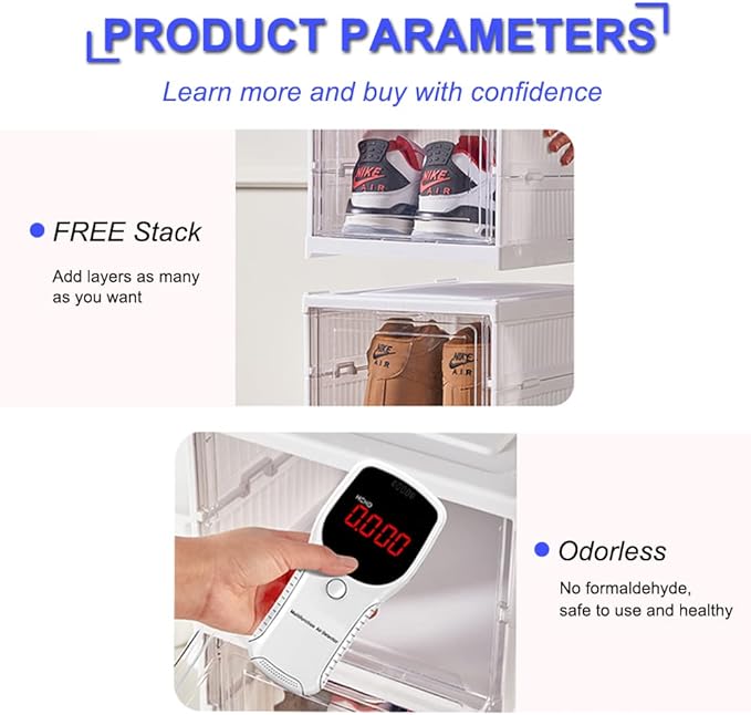 6-Tier Shoe Rack Shoe Storage Box Bins Clear Collapsible Plastic Installation-Free Stackable Foldable Tote with Lids Organizing Dustproof