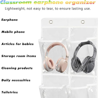 2 Pack Classroom Headphone Storage Organizer with 30 Pockets PVC Clear Organizer Holder with 4 Hooks for Headphone Organizer Classrooms