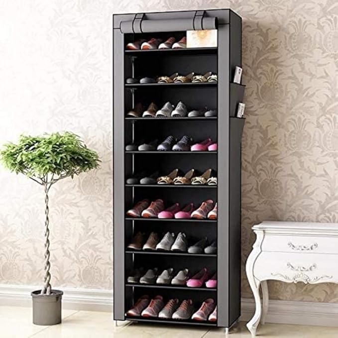 LIKOVSCI 10 Tier 27-Pairs Shoe Rack Tool Free Easy Assembled Shoe Shelf Storage Organizer with Dustproof Nonwoven Fabric Cover (Gray, 9-Tier)