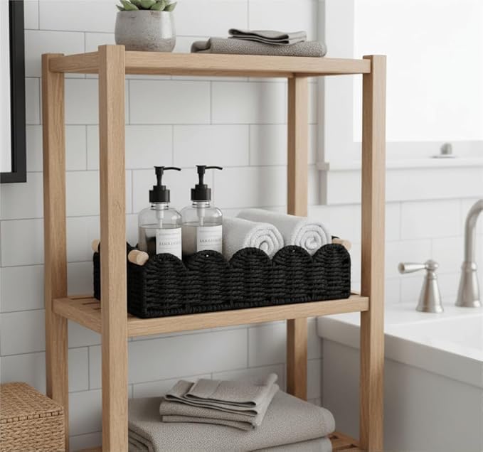 CubesLand Toilet Paper Storage Basket Organizer, Small Wicker Toilet Tank Top Decorative Baskets for Countertop, Handwoven Scalloped Basket w/handle for Home Decor, Living Room, Bedroom, Black