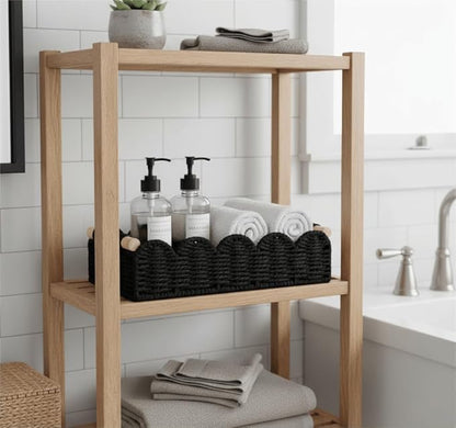 CubesLand Toilet Paper Storage Basket Organizer, Small Wicker Toilet Tank Top Decorative Baskets for Countertop, Handwoven Scalloped Basket w/handle for Home Decor, Living Room, Bedroom, Black