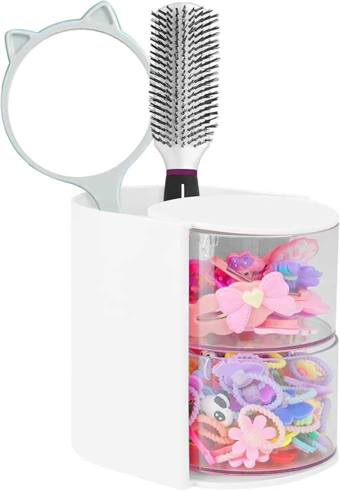 Hair Accessories Organizer with Hair Brush Holder, Rotatable Makeup Brush and Jewelry Storage Box for Hair Clips, Earrings, Necklaces, Bracelets, Rings, and Daily Accessories (White, 2-Layer)