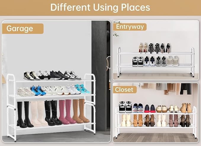 KEETDY 2-Tier Long Shoe Rack for Closet Metal Shoe Organizer for Entryway, Wide Stackable Shoe Storage Shelf with Sturdy Wire Grid for Closet Floor, Bedroom, White