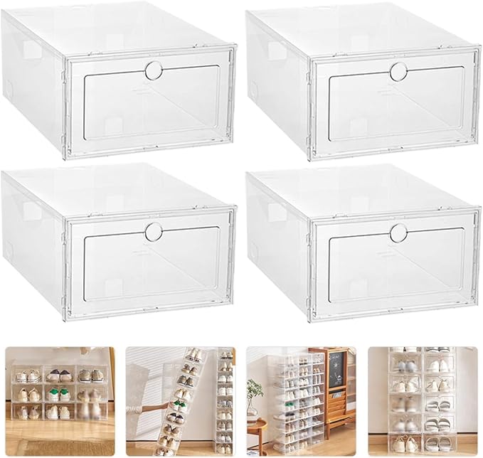 4pcs Stackable Shoe Storage Boxes with Thickened Foldable Drawers, 33X24X14Cm Organizer for Cabinets and Closet Sneaker Storage