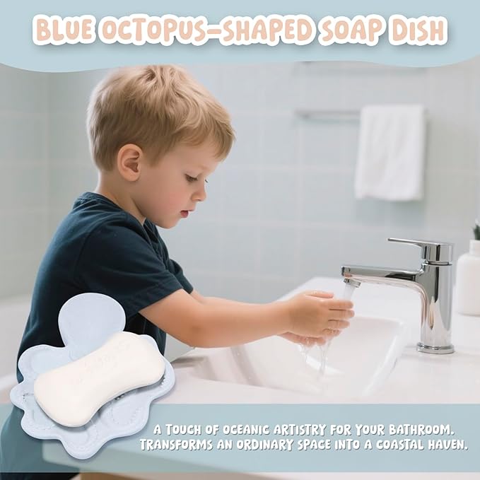 ZAWUU Resin Draining Octopus Soap Dish with Embossed Design – Multiuse Holder for Bathroom & Kitchen (Blue, Octopus)