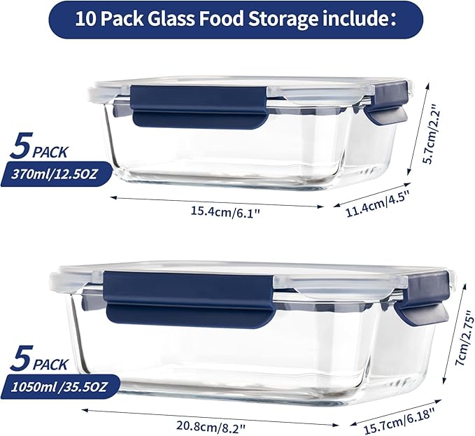 coccot Glass Food Storage Containers with Lids Airtight, [10 Pack] Glass Meal Prep Containers, Storage Container Set with Bpa-free Lid for Food, Lunch Bento Box