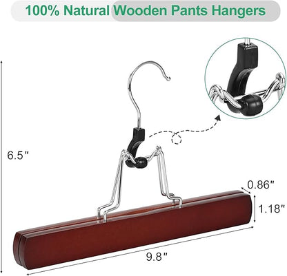 TOPIA HANGER 12 Pack Wooden Pants Hangers, Hair Extension Hangers Non Slip Skirt Hanger Wood Clamp with Velvet Padded 360° Swivel Hook for Jeans, Skirts, Trousers, Wigs Cherry CT67M