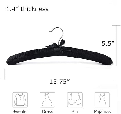 Black Satin Padded Sweater Hangers 10 Pack, Blouse Hanger with Thick & Soft Foam for Bridal Wedding Dress Lingerie, Smooth Silk Covered Shirt Hanger Without Shoulder Bump
