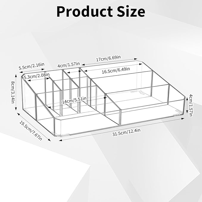 Acrylic Cosmetic Organizer, Transparent Plastic Makeup Holder, Compartmented, Shatter-Proof, Perfect Bathroom Vanity Storage Solution for Beauty Supply, Large