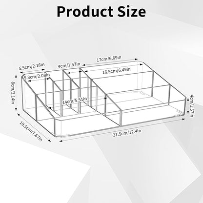 Acrylic Cosmetic Organizer, Transparent Plastic Makeup Holder, Compartmented, Shatter-Proof, Perfect Bathroom Vanity Storage Solution for Beauty Supply, Large