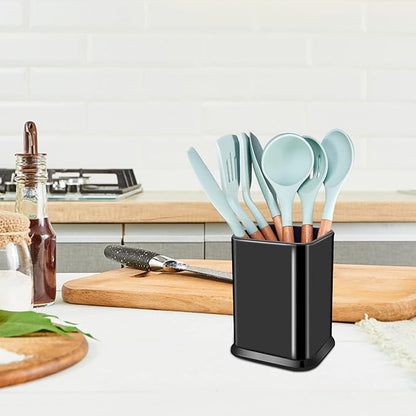 RedCall Stainless Steel Kitchen Utensil Holder for Countertop, Spoon Spatula Organizer,Modern Rectangular Large Cooking Utensil Caddy Counter,Utensil Crock (Stainless Steel Black)