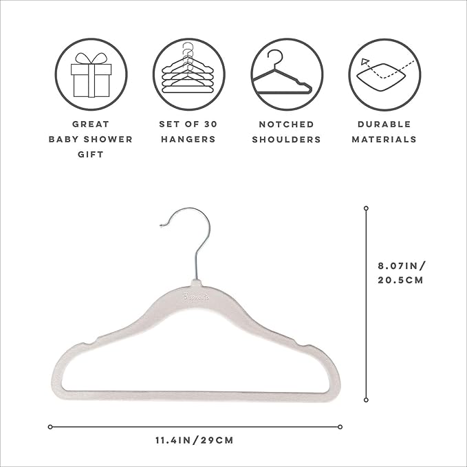 3 Sprouts Velvet Baby Hangers - Non-Slip Hangers for Infant and Toddler Clothes - Slim Space-Saving Design with Nordic Colors for Nursery - 30 Pack - Gray