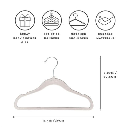 3 Sprouts Velvet Baby Hangers - Non-Slip Hangers for Infant and Toddler Clothes - Slim Space-Saving Design with Nordic Colors for Nursery - 30 Pack - Gray